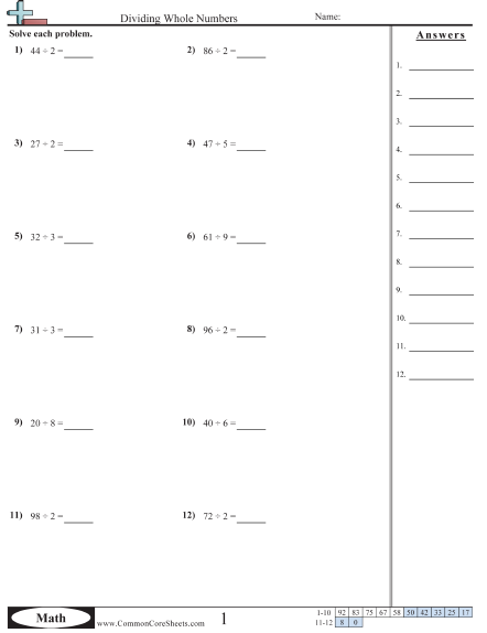 Horizontal Division Worksheet - Dividing Whole Numbers  worksheet